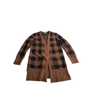 Becool Brown Black Plaid Open Cardigan Sweater Medium Pockets